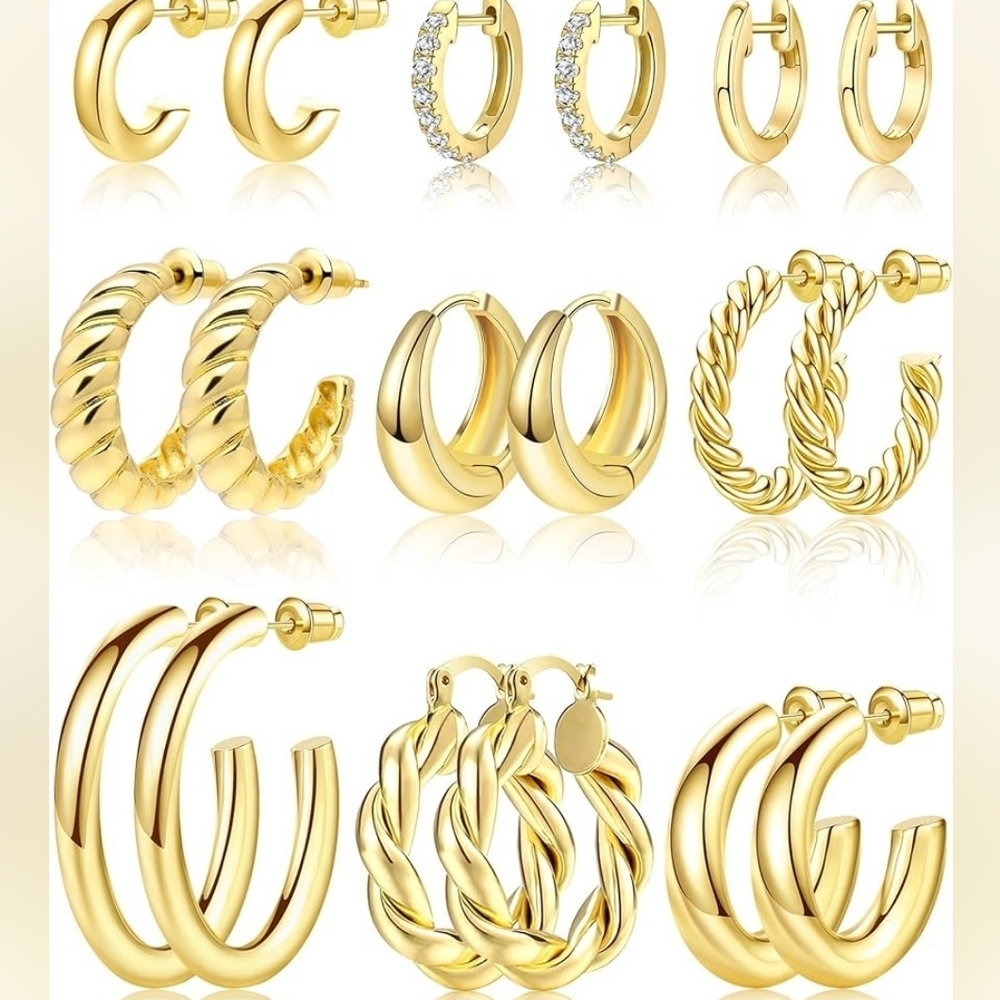 14KT Gold Plated Earring Set Of 9 Pairs - Picture 1 of 4